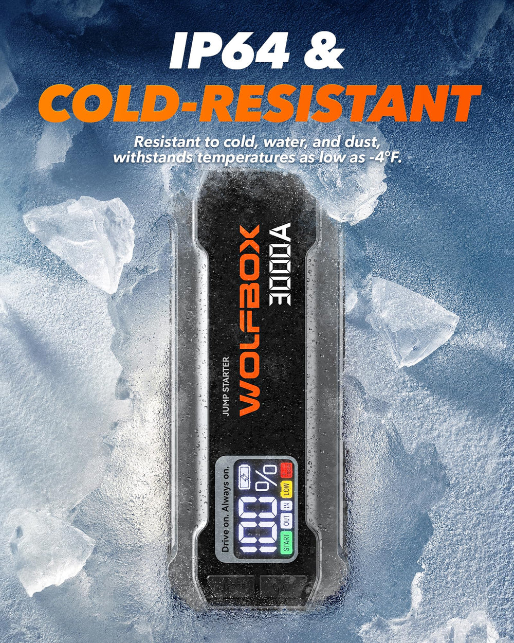 WOLFBOX 3000A safety protections including spark and temperature safeguards.