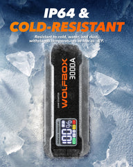 WOLFBOX 3000A safety protections including spark and temperature safeguards.