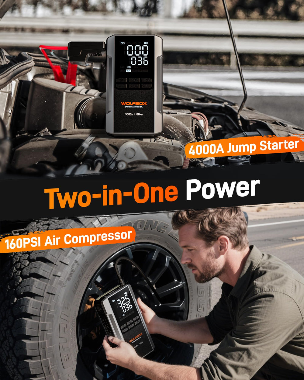 WOLFBOX 4000A air compressor inflating tires quickly and evenly