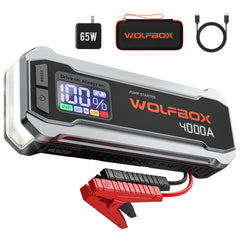 WOLFBOX 4000A front view shows compact, portable jump starter for on-the-go starts