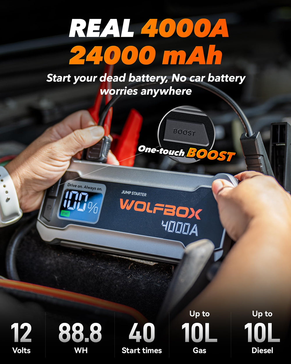 WOLFBOX 4000A HD display indicates battery and status at a glance