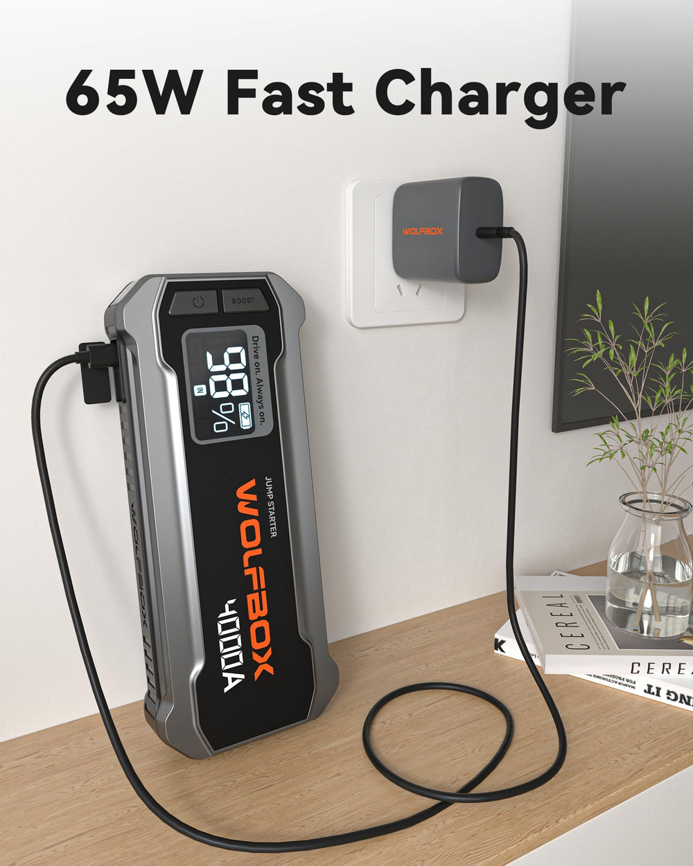 Wolfbox 65W charger with fireproof housing designed for durability.
