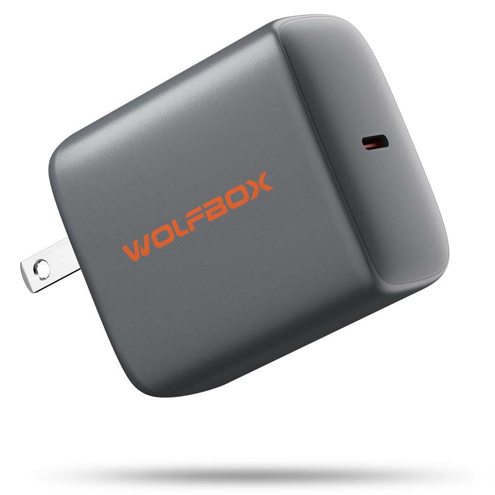 Wolfbox 65W Type-C PD charger front view showing compact design for fast charging.