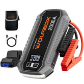 WOLFBOX front view showing compact starter and ports, fast-start benefit