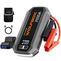 WOLFBOX front view showing compact starter and ports, fast-start benefit