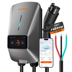 WOLFBOX Level 2 EV Charger front view with display and fast charging capability.