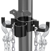 WOLFWILL trailer chain holder on jack tube shows durable aluminum construction and organized storage