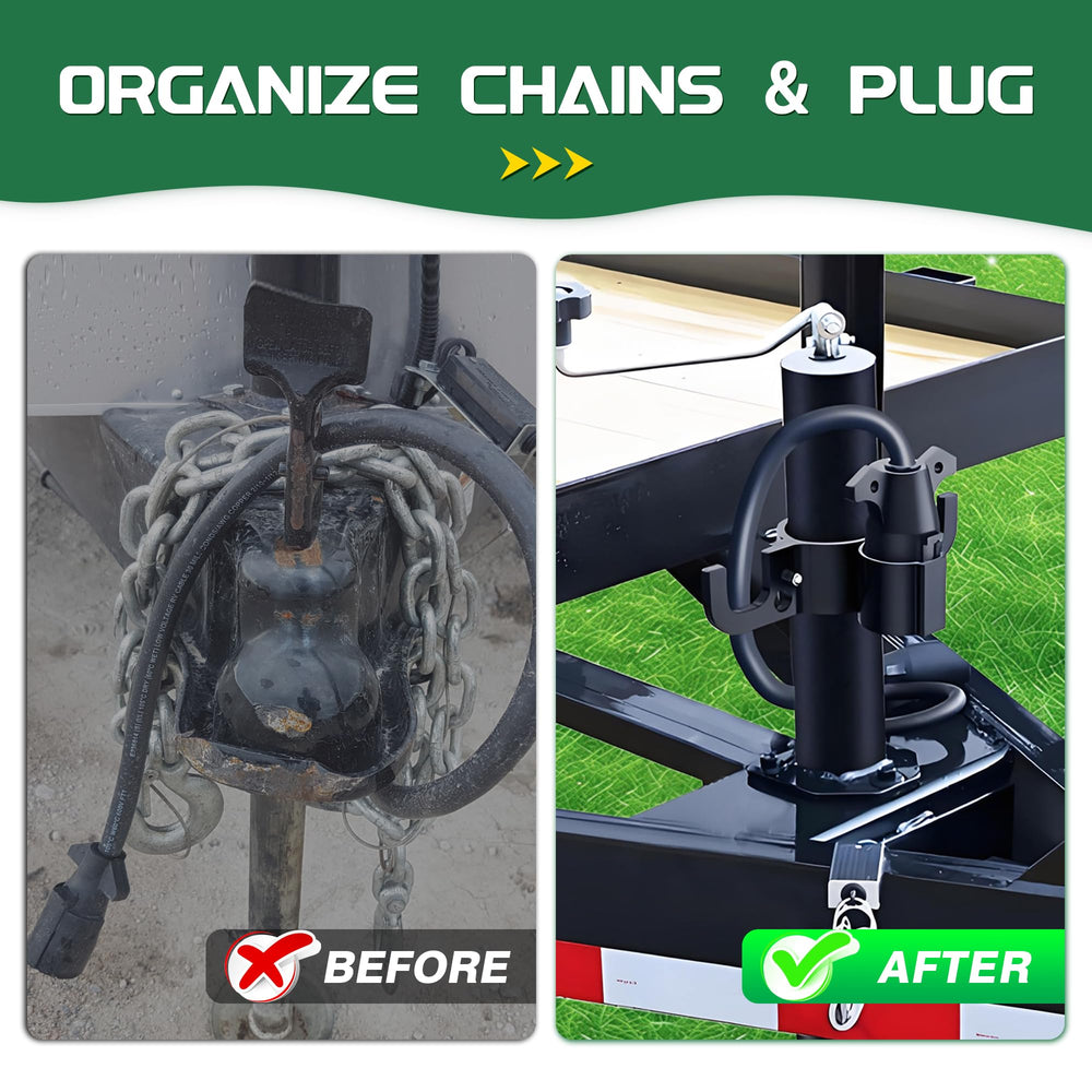 WOLFWILL aluminum chain organizer keeps safety chains off the ground after towing