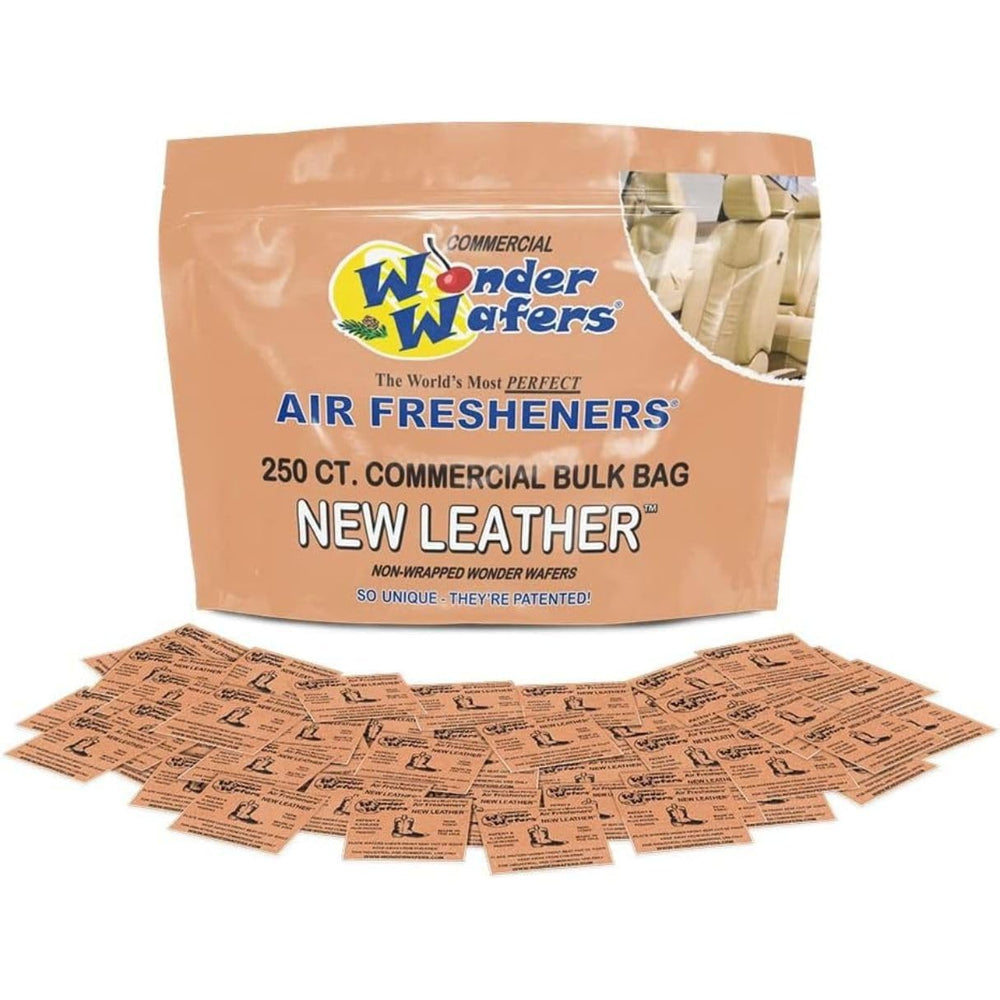 Wonder Wafers leather unwrapped container showcases compact, mess-free air fresheners.