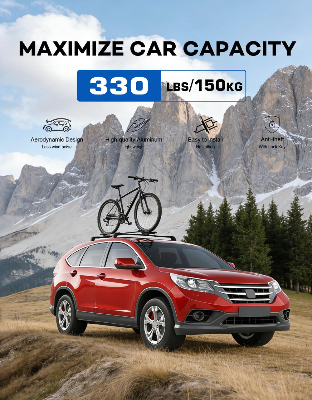 Die-cast clamp and 2mm aluminum crossbars for strong, long-lasting support.