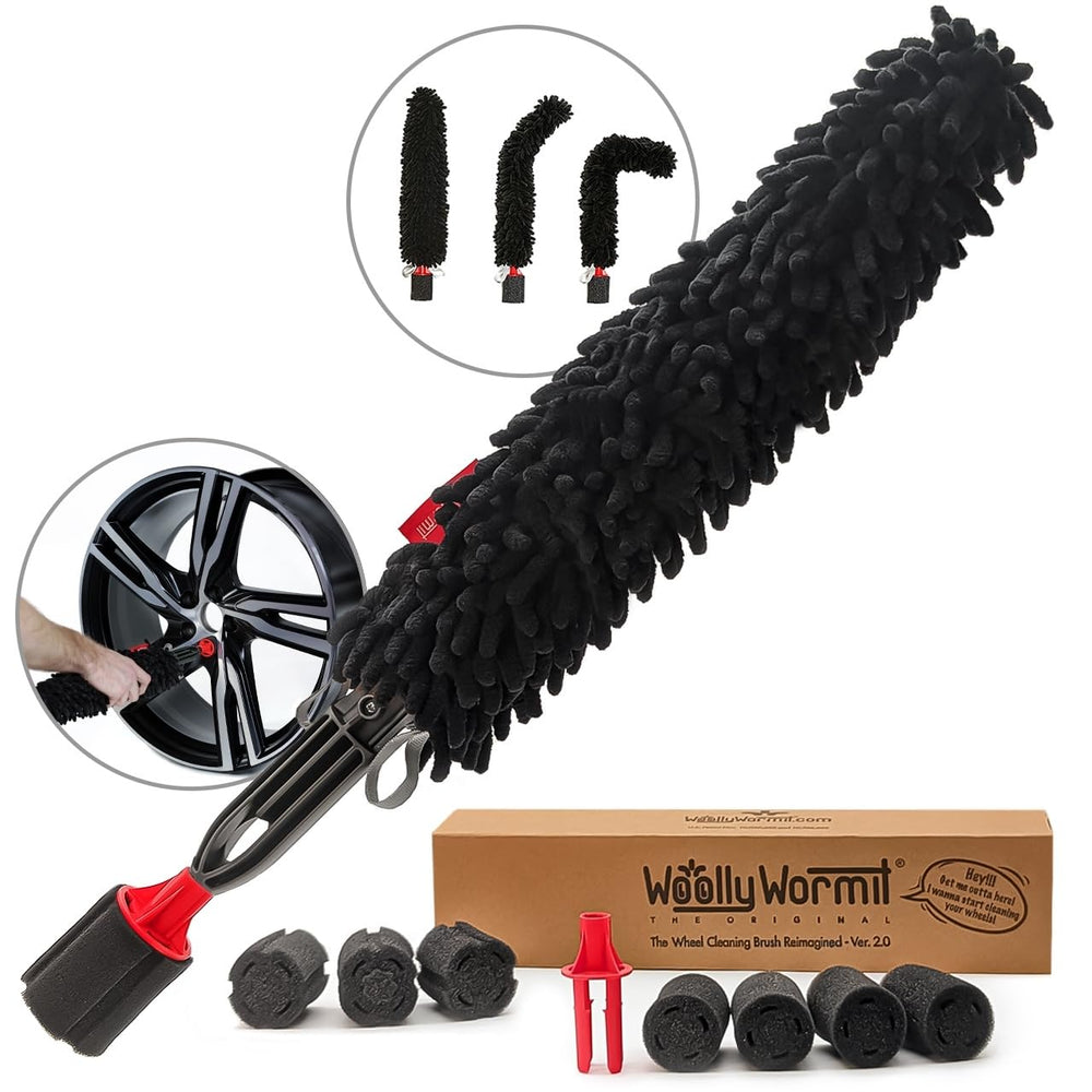 WOOLLYWORMIT wheel brush assembly reaches tight rim areas for thorough cleaning.