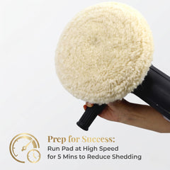 Woolous wool buffing pad 7 Inch in use on a car hood for even polish.