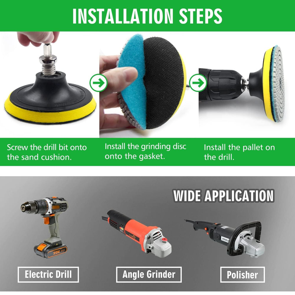 WORKEASE stone polishing kit contents showing eight diamond pads and adapters