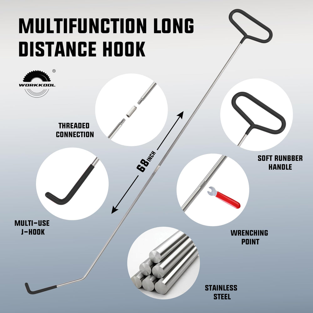 WORKKOOL magnetic pickup tool with flashlight used to locate a metal part in a tight space.
