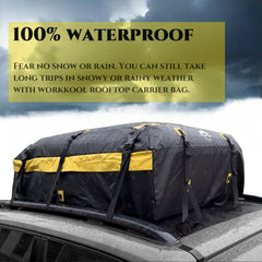 WORKKOOL universal-fit rooftop bag attaches to most vehicles with extra door hooks.