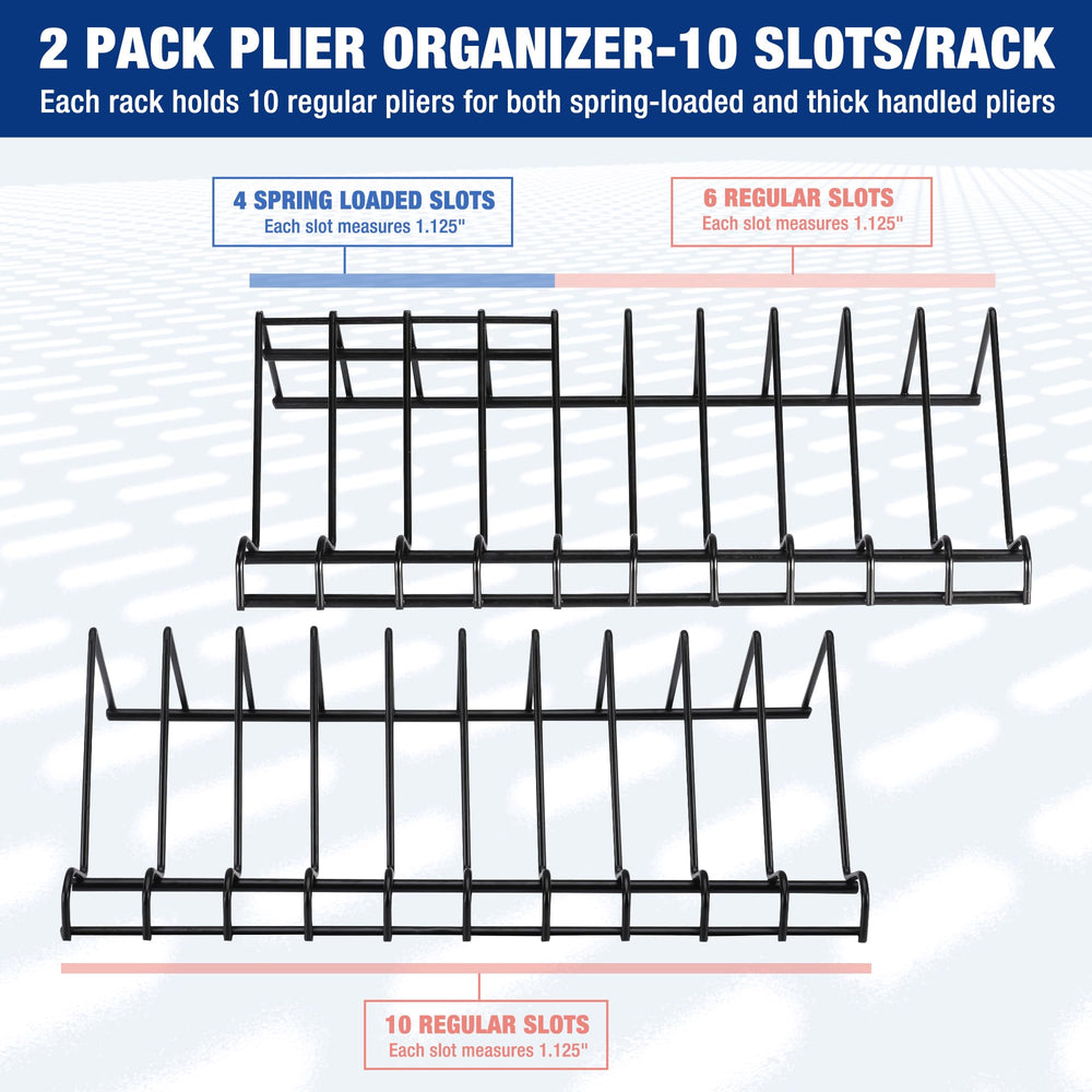 WORKPRO 20-slot storage keeps regular and spring pliers neatly organized.
