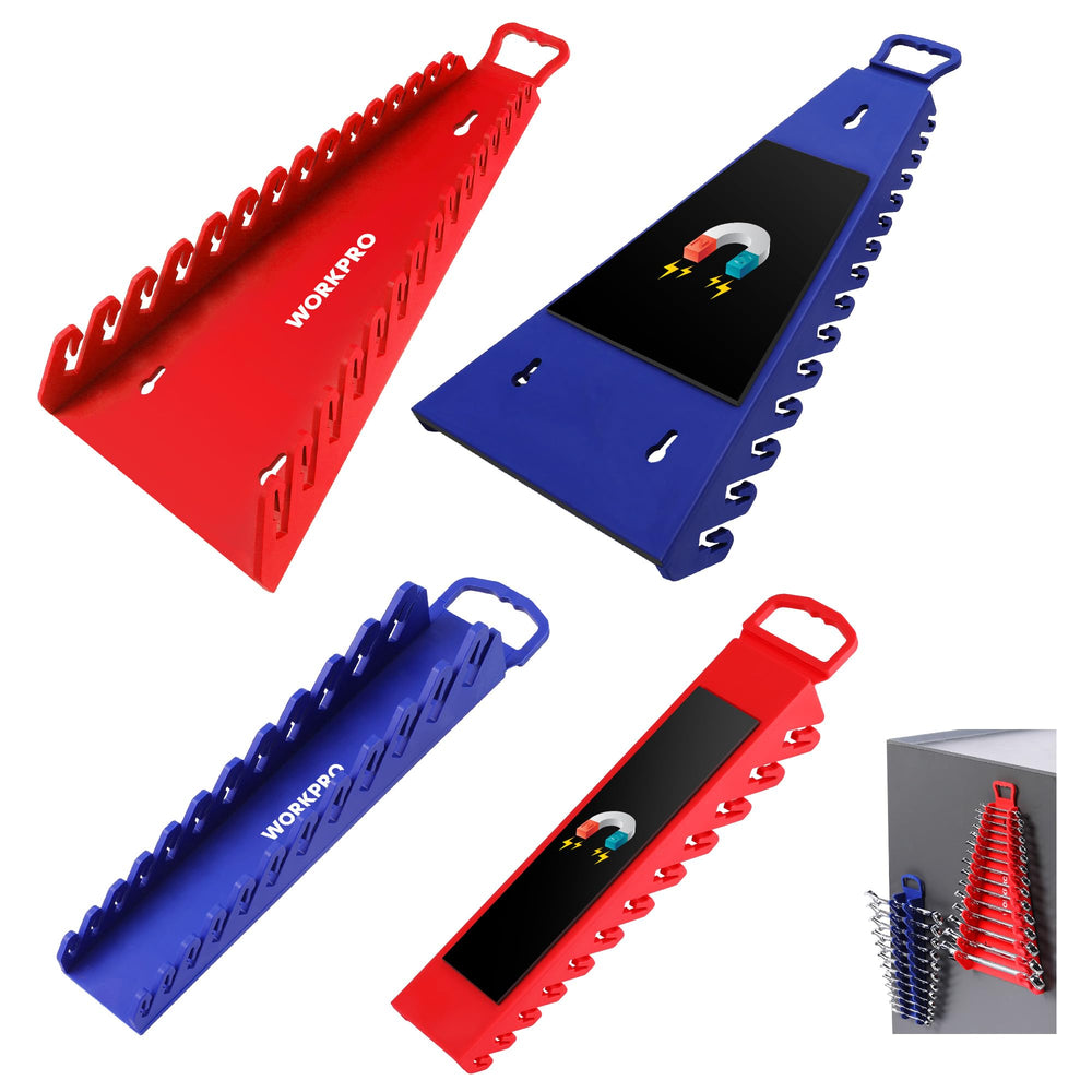 WORKPRO 4-pack magnetic wrench organizer mounted on pegboard for quick access.
