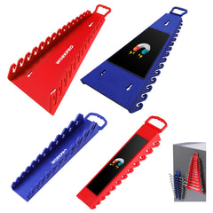WORKPRO 4-pack magnetic wrench organizer mounted on pegboard for quick access.