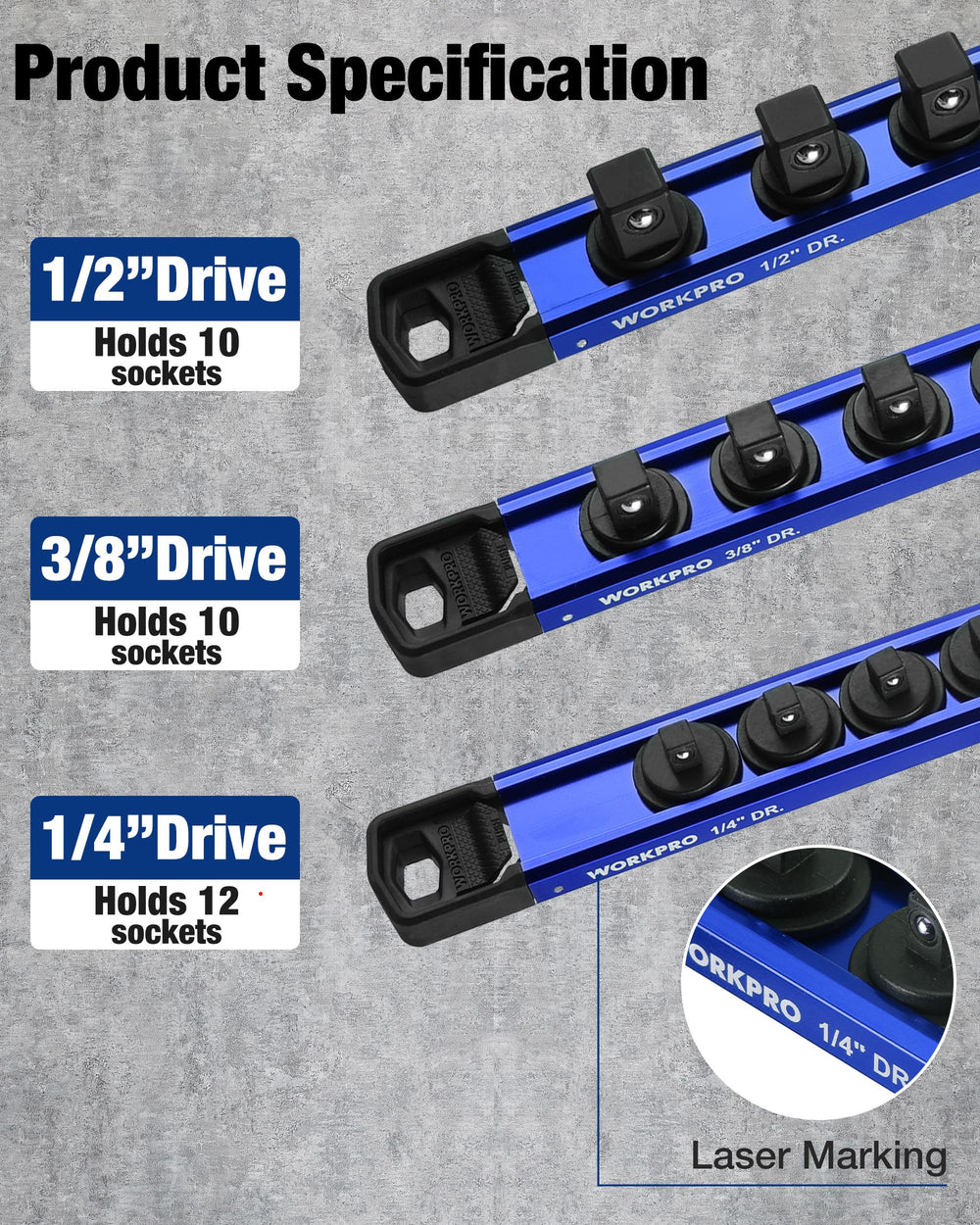 WORKPRO compatible with 1/4, 3/8, and 1/2 inch sockets for versatile setups.