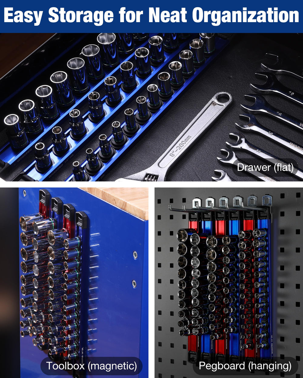 WORKPRO laser-etched markings help you read socket specs at a glance.