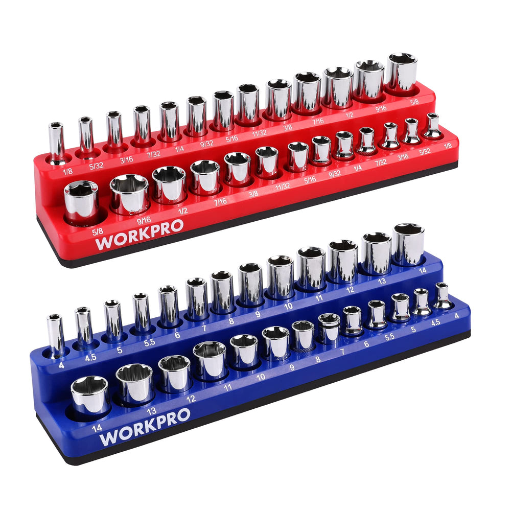 WORKPRO magnetic socket organizer two-piece set keeps sockets neatly organized.
