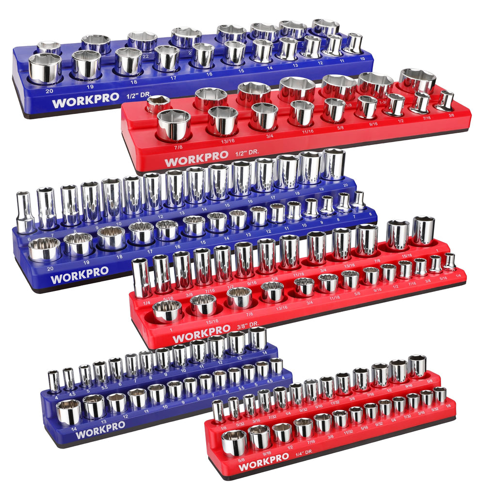 WorkPRO blue metric 1/4 drive tray keeps sockets organized and accessible.