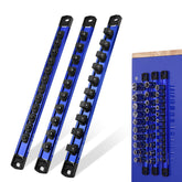 WORKPRO magnetic socket organizer rail secures sockets on metal surfaces for tidy tool spaces.