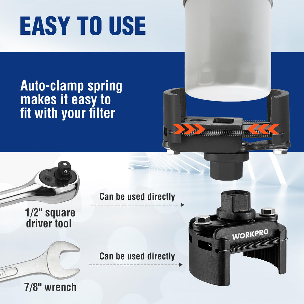WORKPRO multi-tooth grip securely grabs the filter for smoother removal