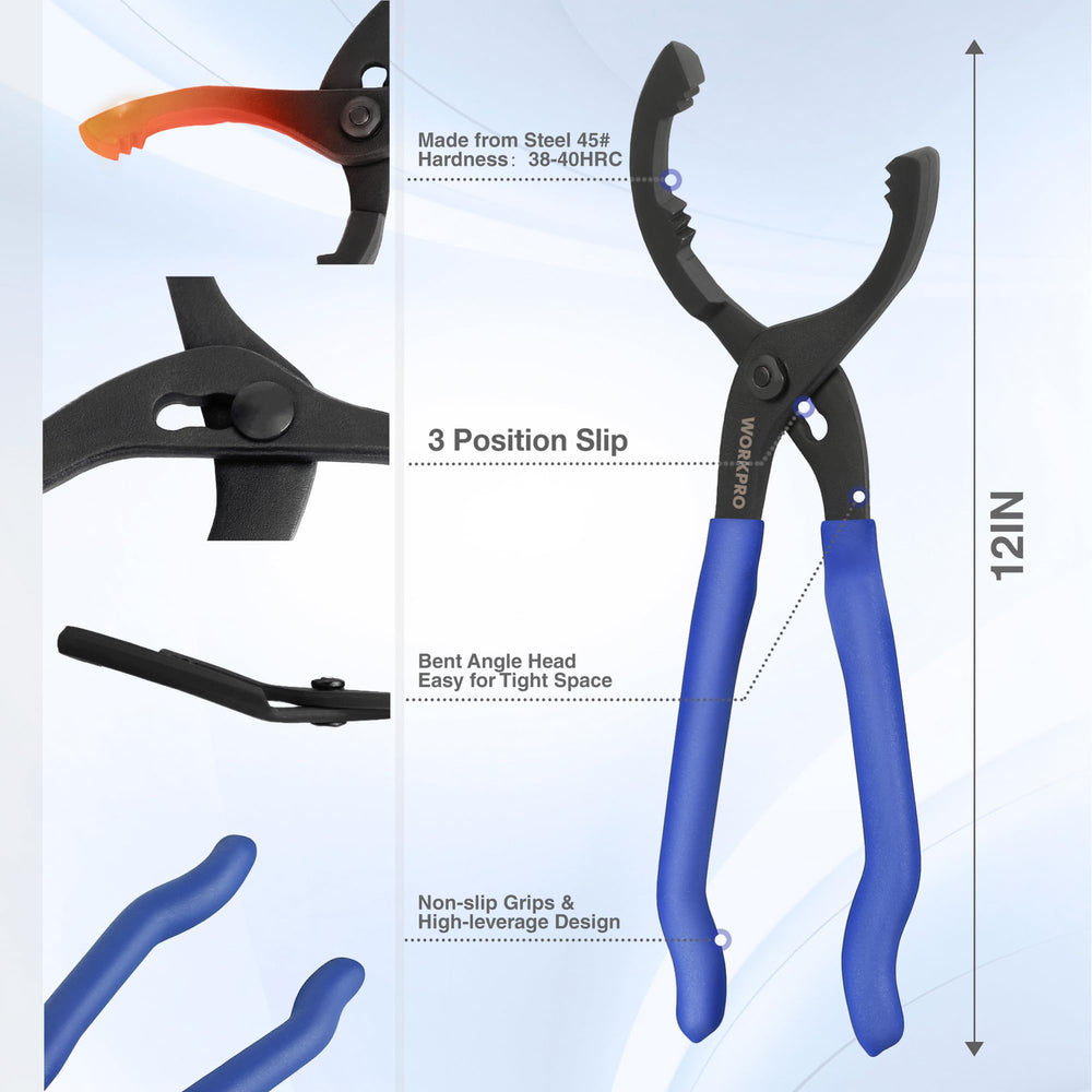 WORKPRO soft-grip oil filter plier offering ergonomic control in tight spaces