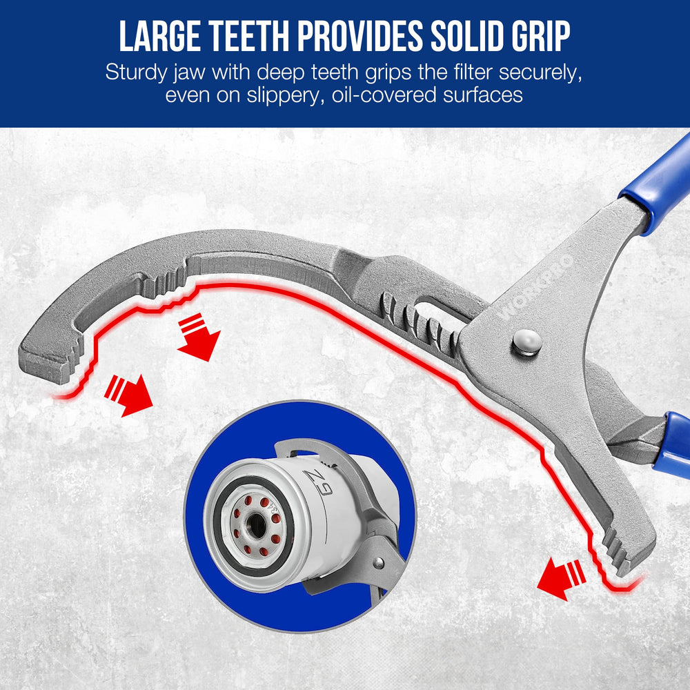 WORKPRO oil filter wrench 12in-adjustable provides leverage for larger truck filters.