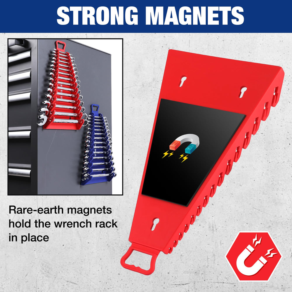 WORKPRO reverse-design wrench rack mounted in a toolbox for organized access.