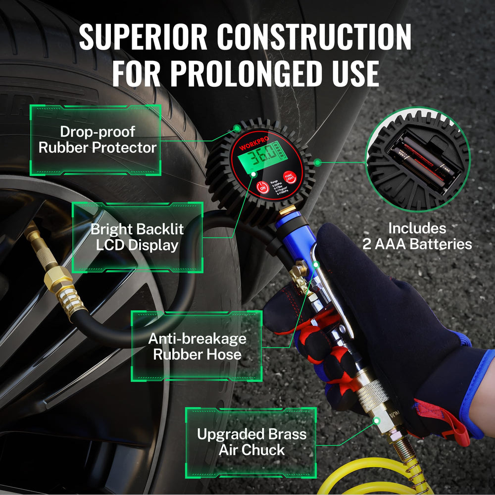 WORKPRO rubber hose provides flexible reach for inflating tires and inflatables without strain.