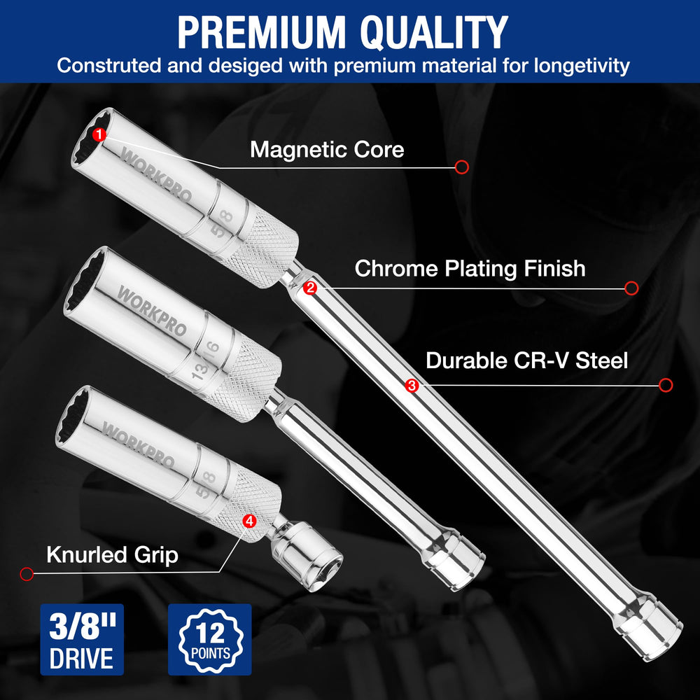 WORKPRO 5/8-inch 4-inch extension for versatile spark plug service.