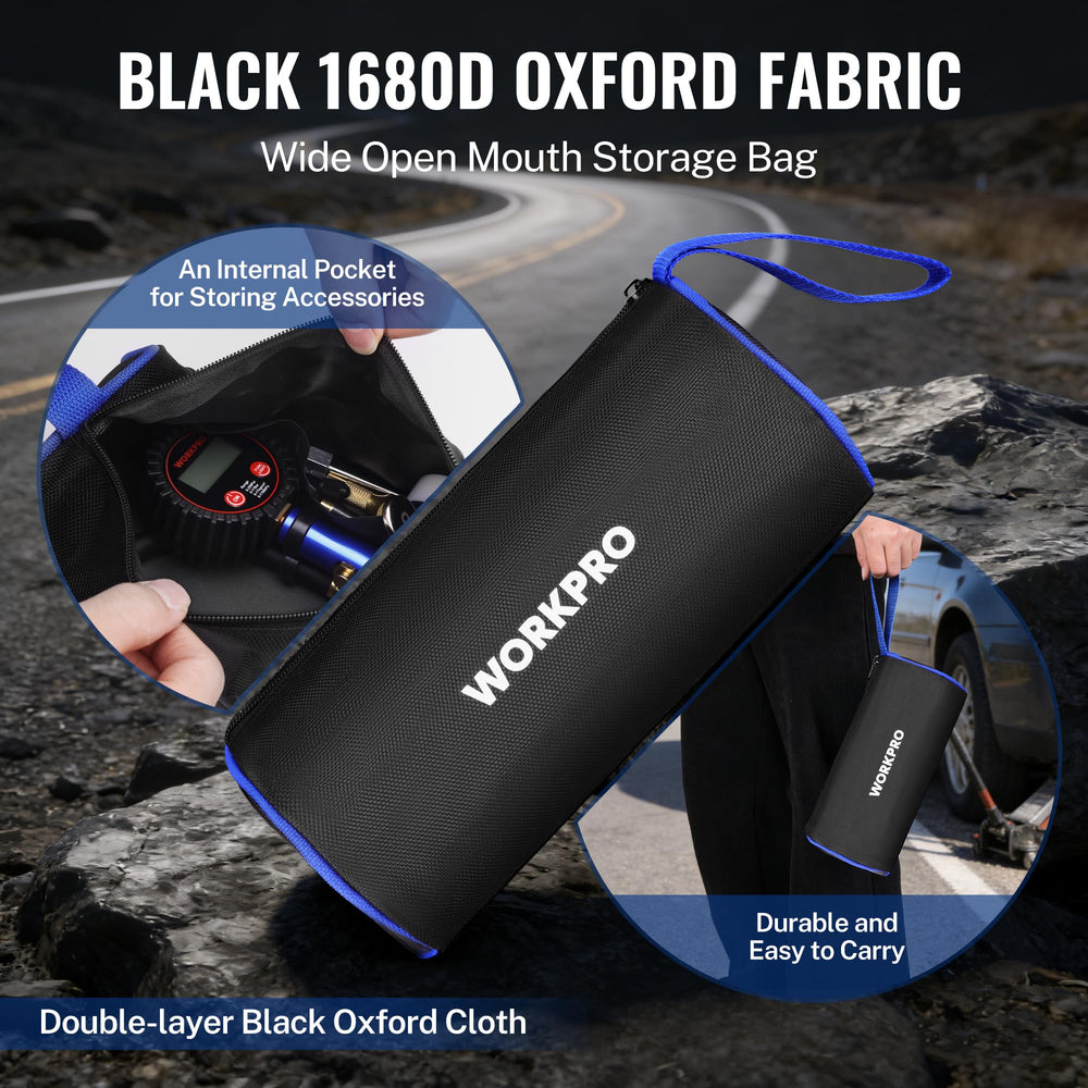 WORKPRO three-in-one operation supports inflation, deflation, and precise pressure checks.