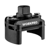 WORKPRO universal oil filter wrench shown fitting 60-80 mm filters for versatile engine maintenance