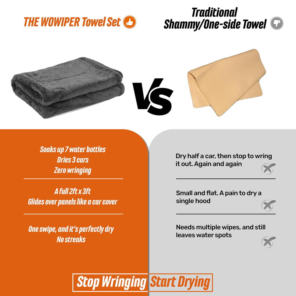 WOWIPER microfiber towel closeup shows dense twisted-loop fibers for high absorbency.