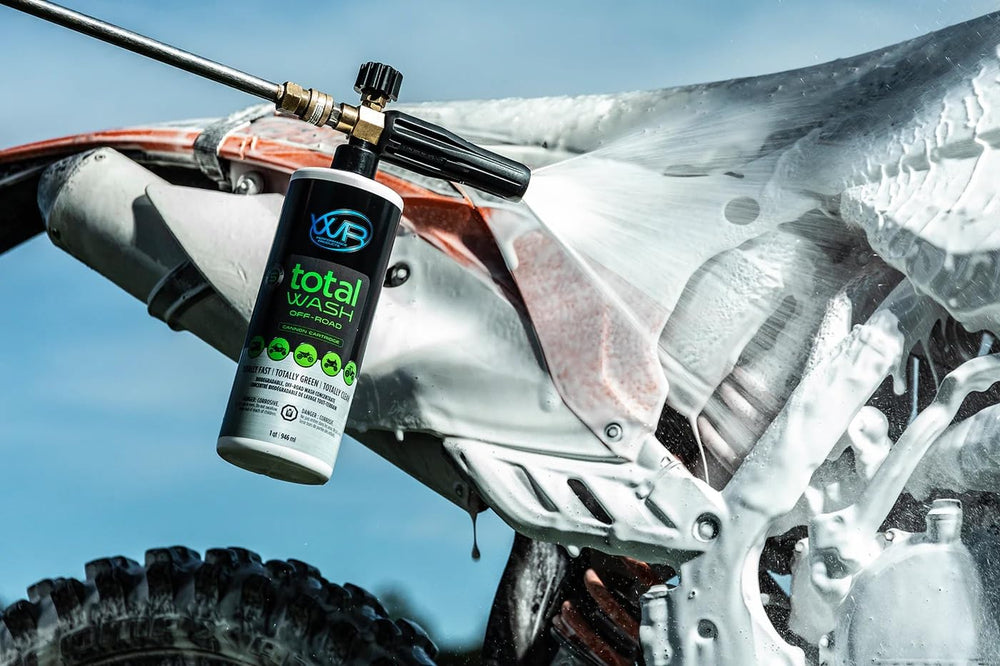 WR Performance Total Wash Off-Road Cannon bottle in-use cleaning gear on-site