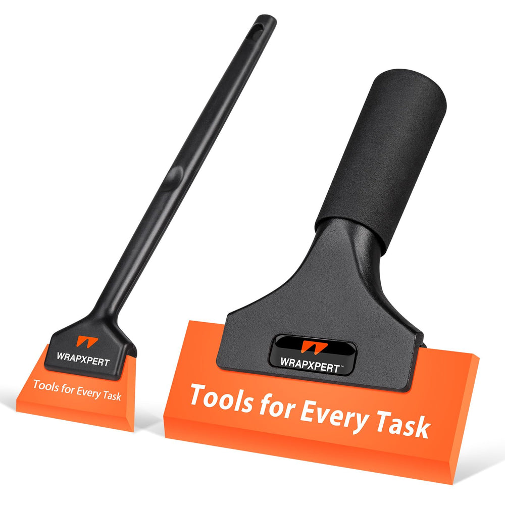 WRAPXPERT 5-inch rubber squeegee on a car window for bubble-free tinting.