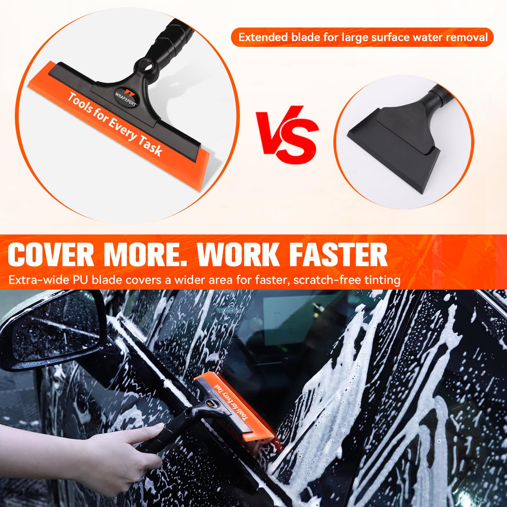 WRAPXPERT aluminum-handle squeegee provides steady pressure to push out moisture.