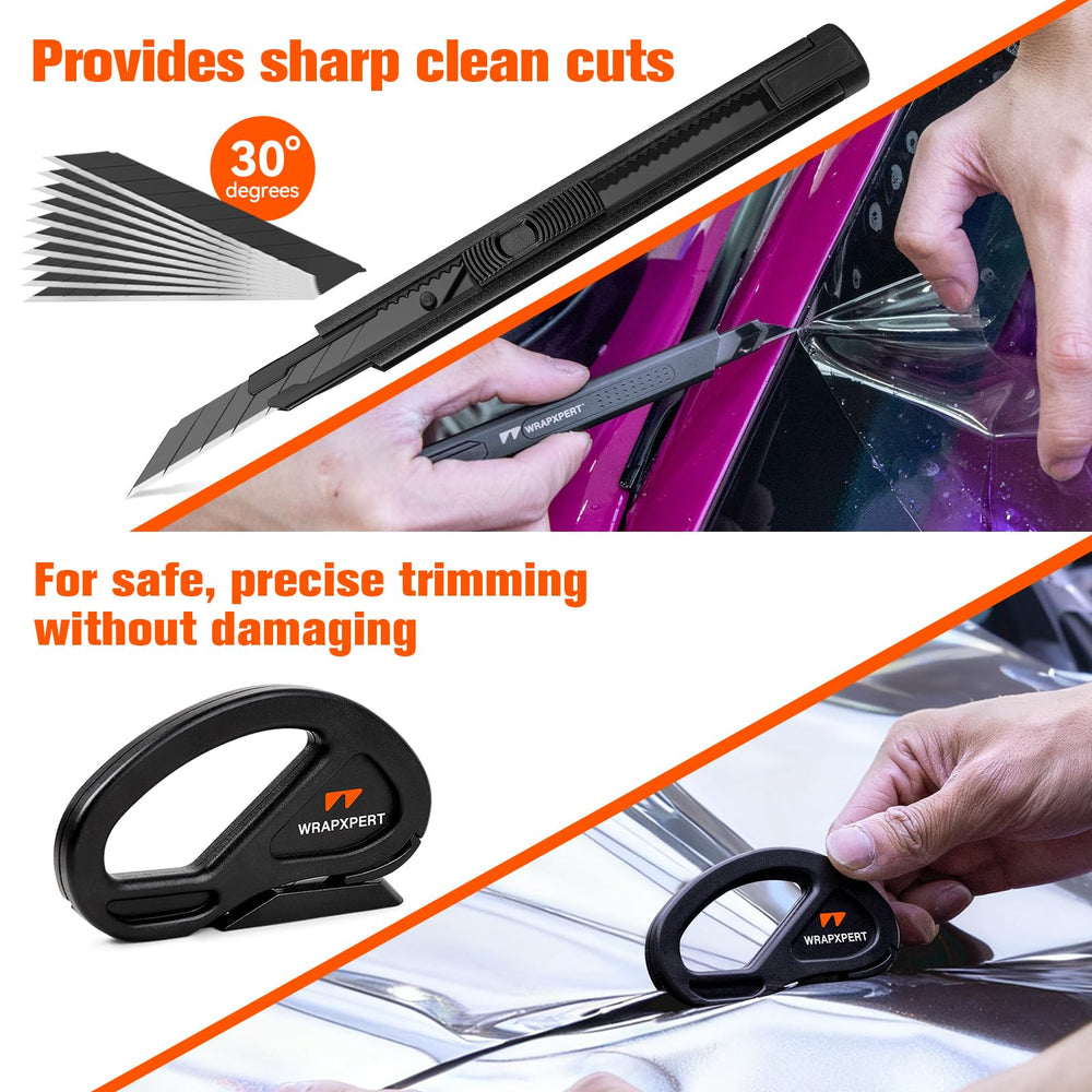 WRAPXPERT precision cutting knife with spare blades for clean edges.