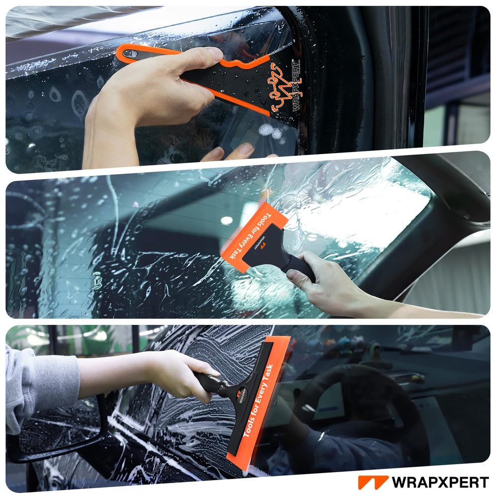 WRAPXPERT triangle squeegee reaching tight gaps for precise edge finishing.