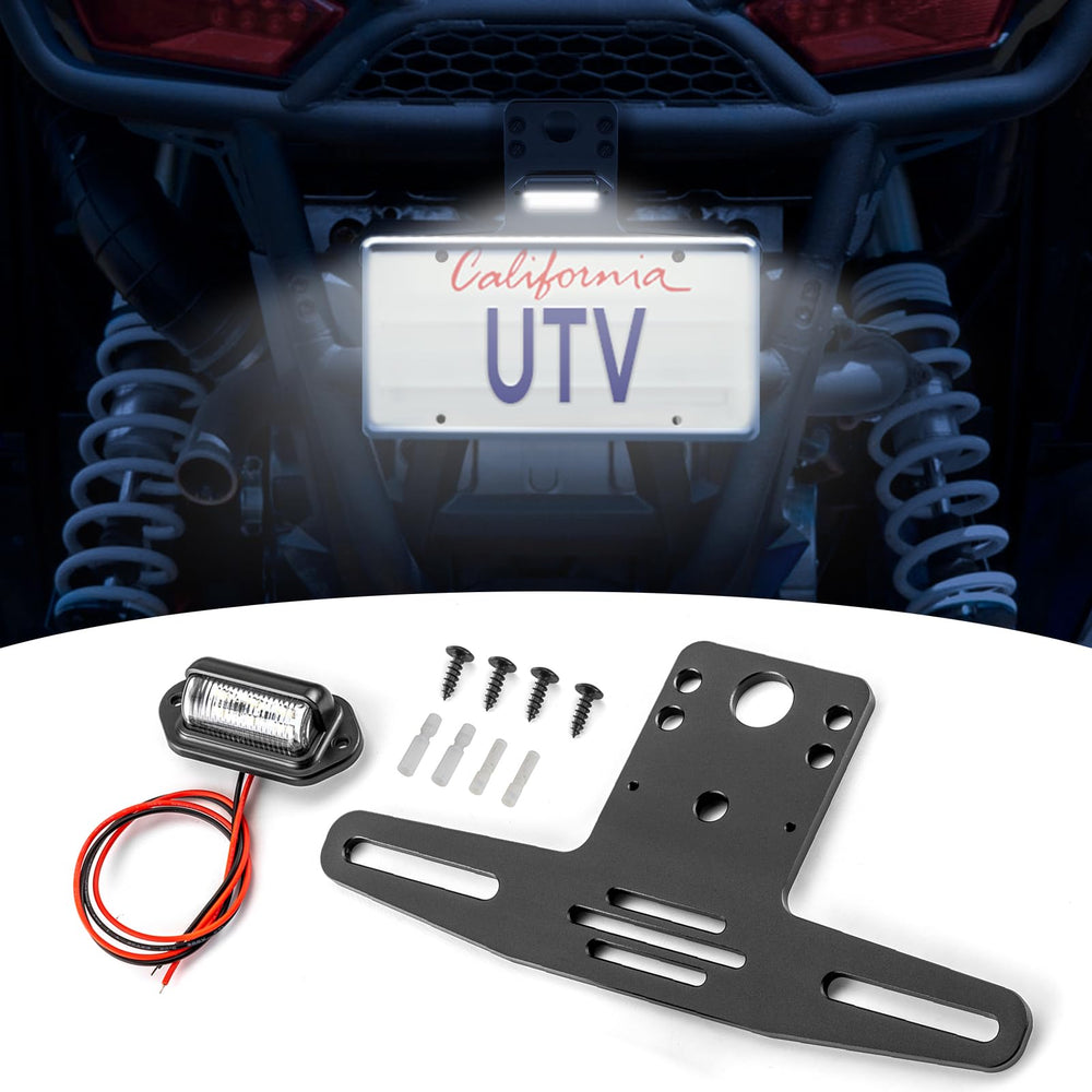 Wsays UTV universal license plate bracket front view; rugged CNC billet aluminum.