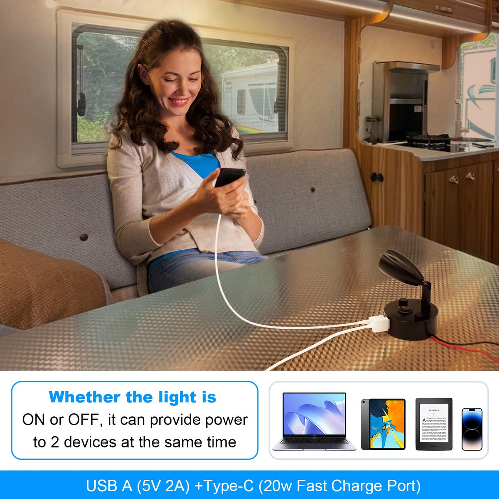 WTNYOU light with USB-A and USB-C charging for devices.