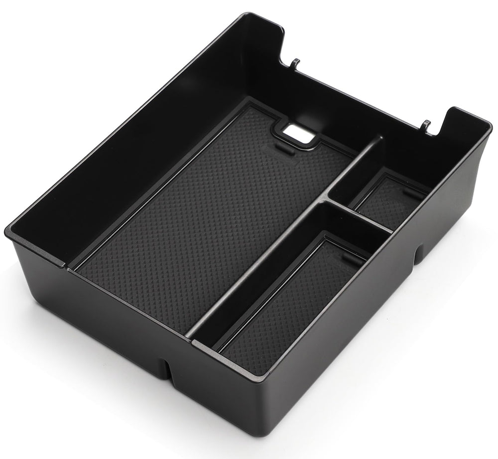 Wuchurth Rivian tray in place demonstrating organized center console for daily driving.