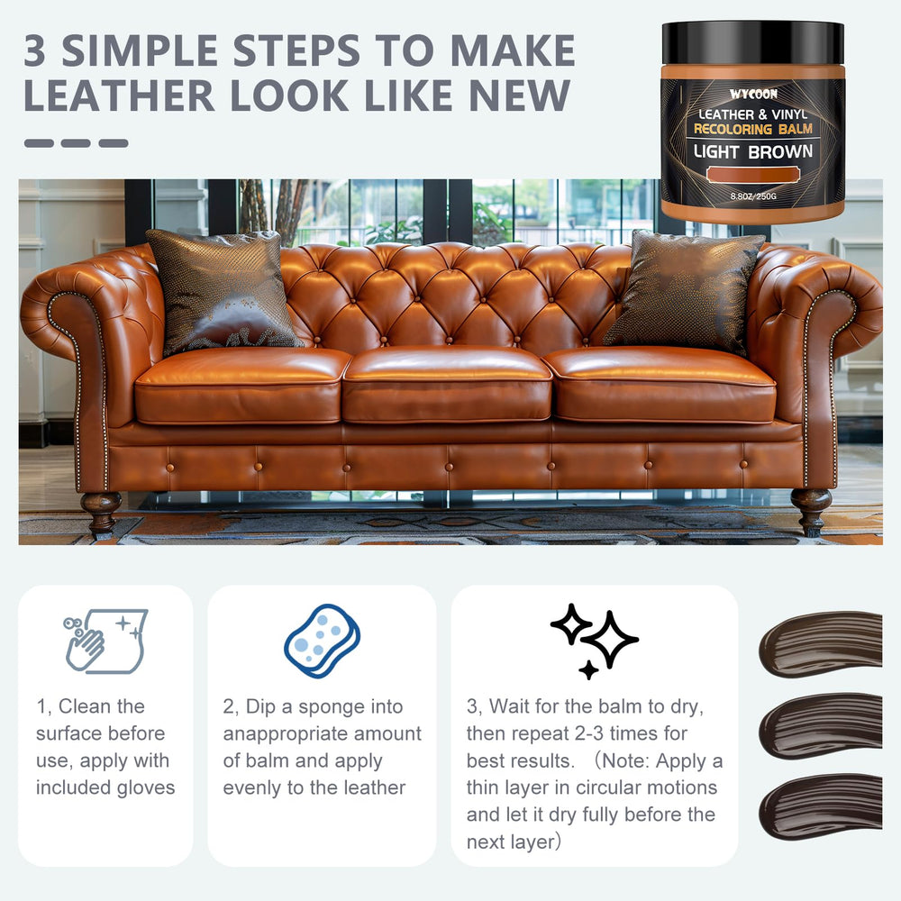WYCOON balm works on genuine and faux leather; suitable for car interiors and furniture.
