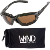 WYND Blocker motorcycle glasses with amber lens for wind protection during rides.