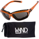 WYND Blocker motorcycle glasses, front view with orange frame and smoke lens for wind protection.