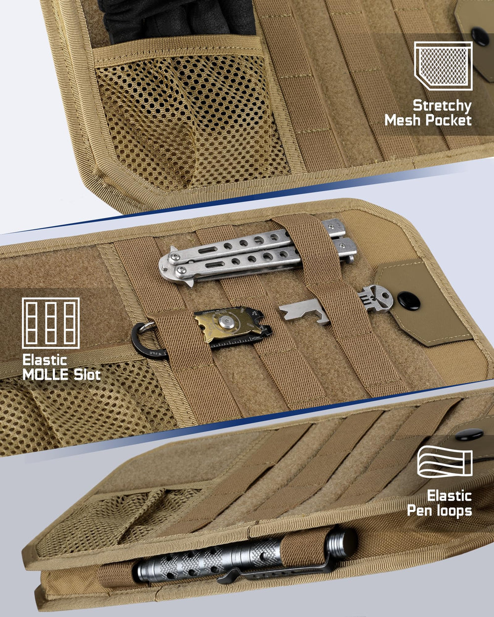 WYNEX elastic bands organize maps and cards inside the pouch.