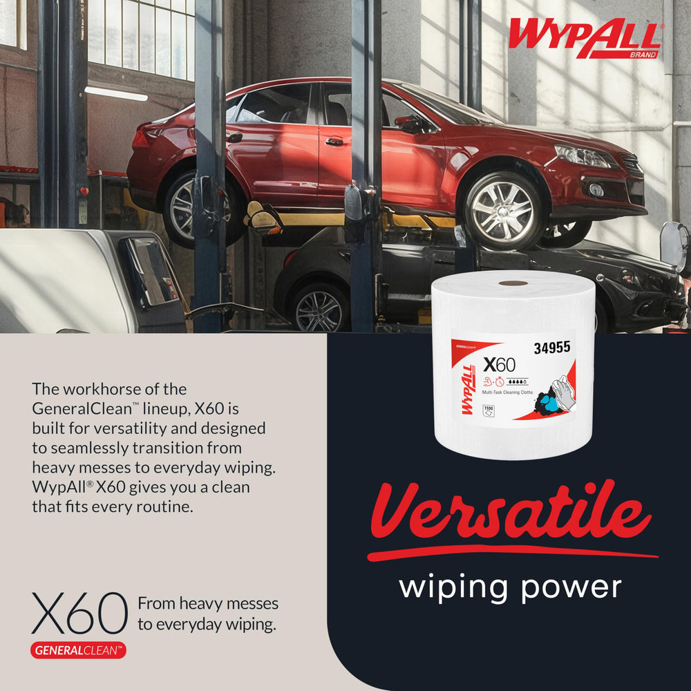 WypAll General Clean X60 HydroKnit technology for fast liquid absorption.