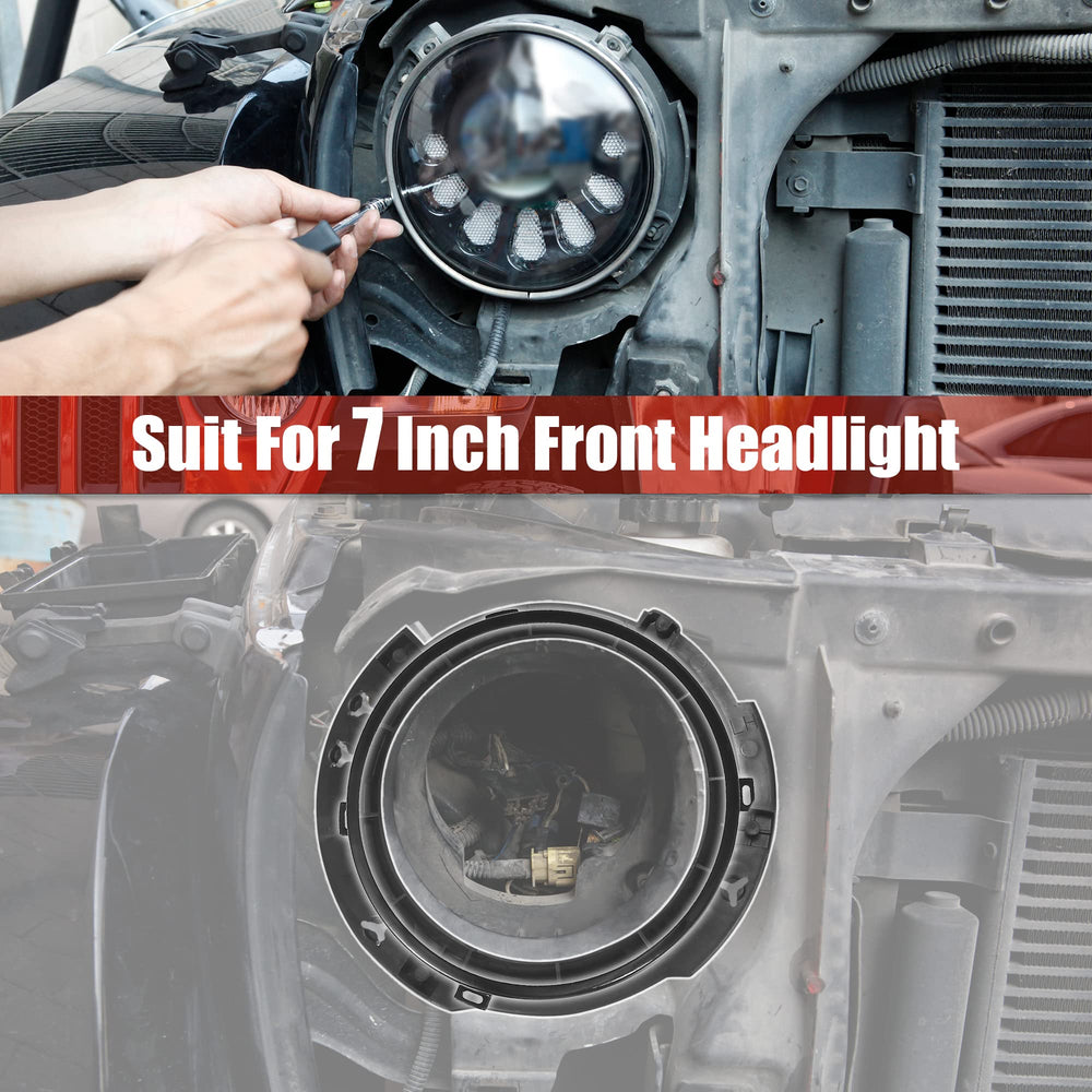 X AUTOHAUX headlight metal ring (left) enhances ring-fit and protection for Jeep JK.